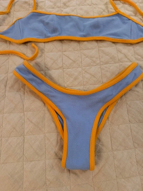 Frankie’s Bikinis Blue with Orange Trim Bikini Set - Picture 2 of 4